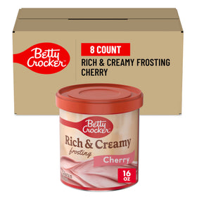 Betty Crocker Rich and Creamy Cherry Frosting tub ready for quick cake topping.