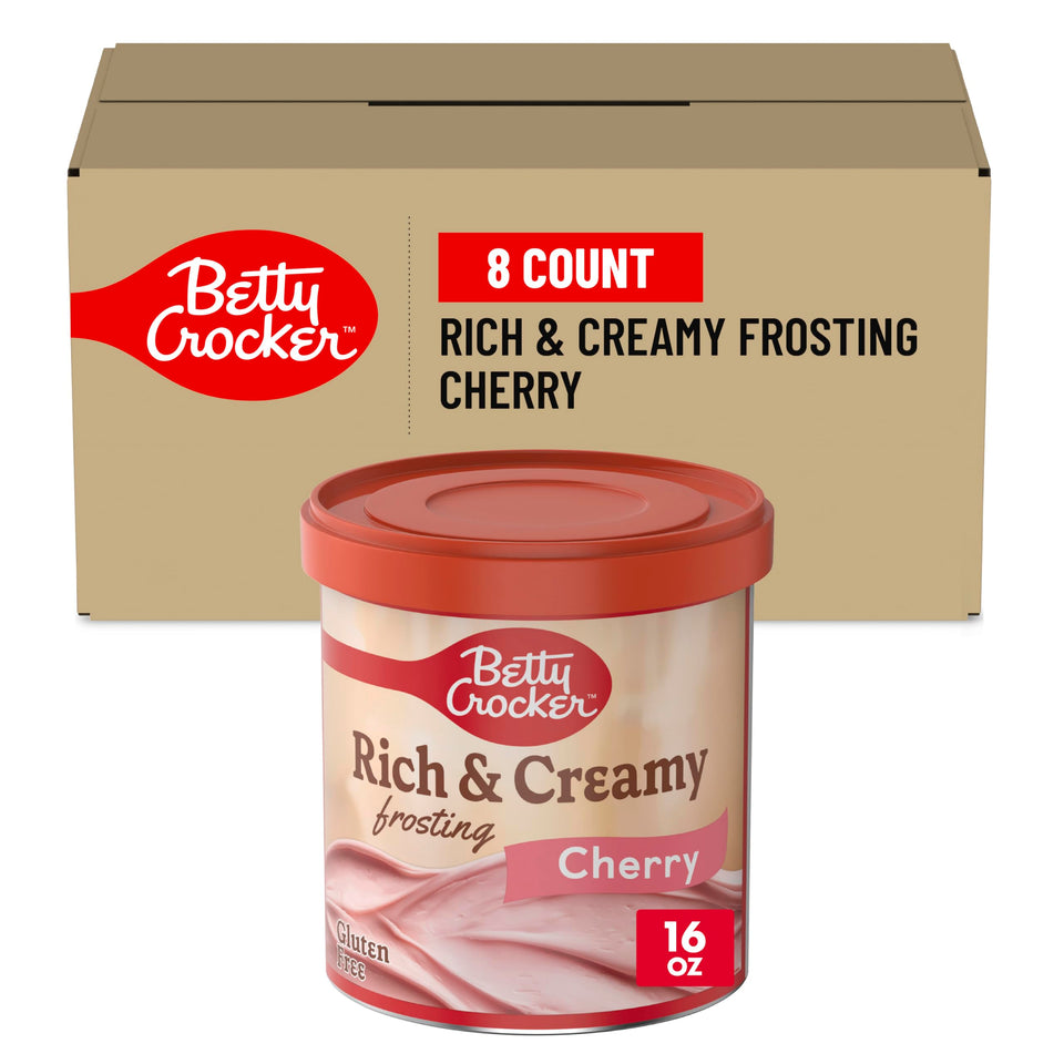 Betty Crocker Rich and Creamy Cherry Frosting tub ready for quick cake topping.