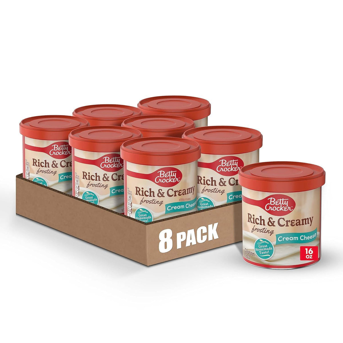 Betty Crocker Rich and Creamy frosting tub open, ideal for decorating cakes.