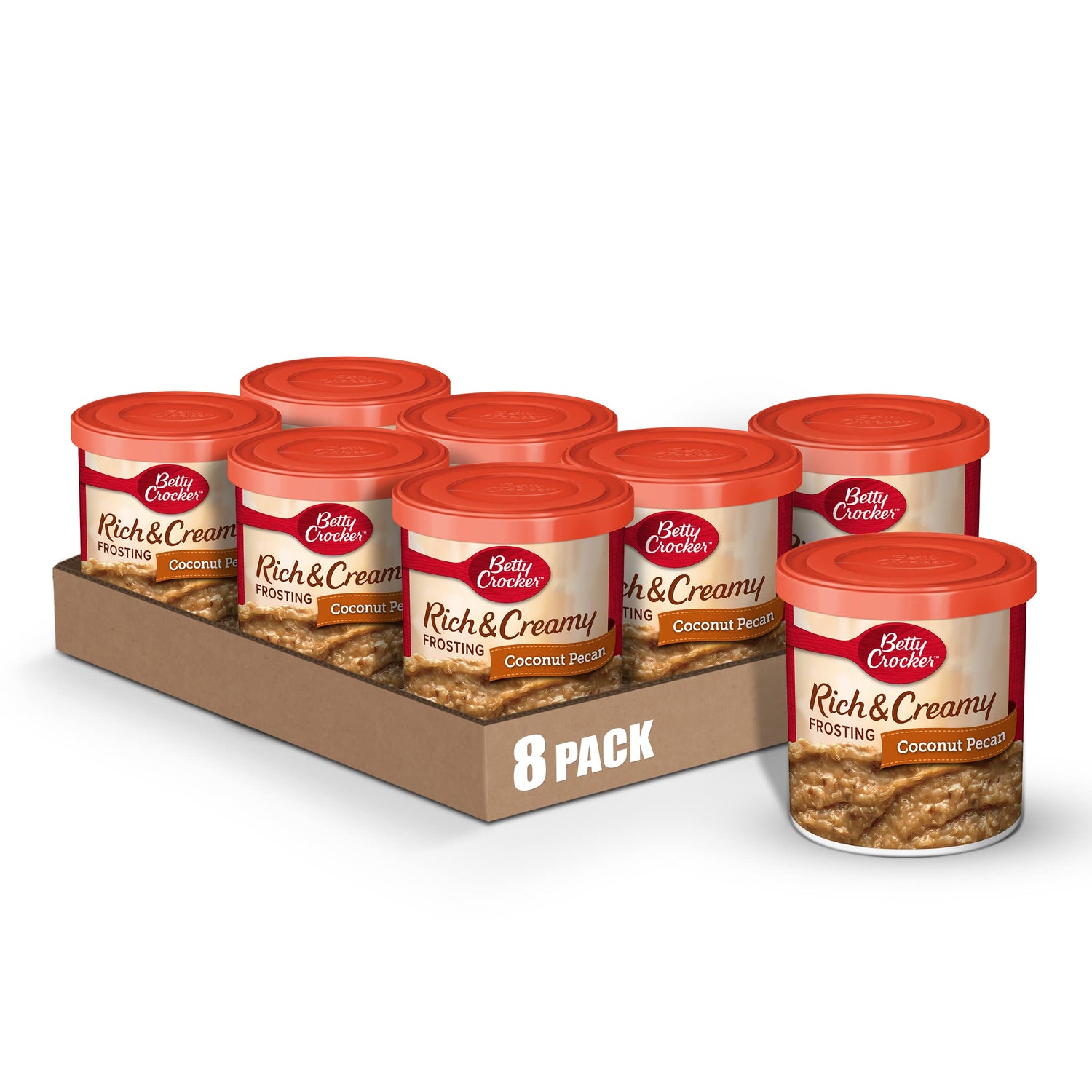 Betty Crocker Rich and Creamy Coconut Pecan Frosting can spread smoothly on cakes for quick decorating.