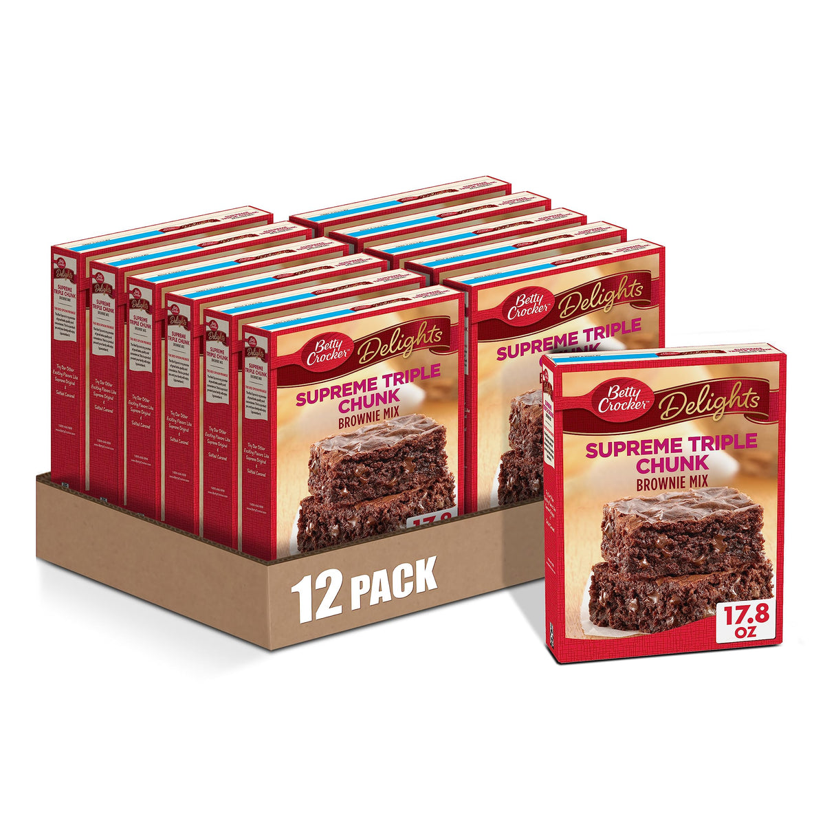 Betty Crocker Supreme Triple Chunk Brownie Mix 12-pack front label, showing servings and box count.