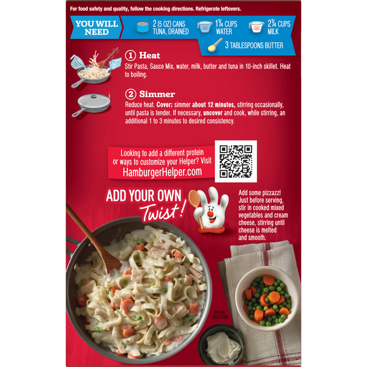 Betty Crocker Tuna Helper Alfredo close-up suggests customizable add-ins