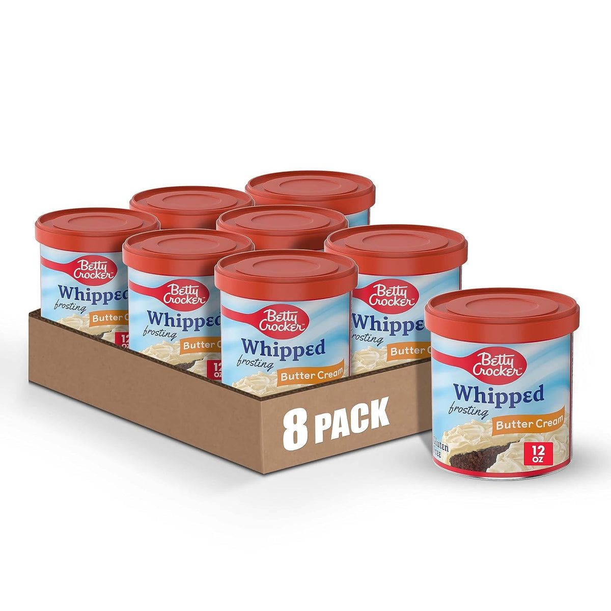 Betty Crocker whipped butter cream frosting tubs ready for gluten-free cake decorating
