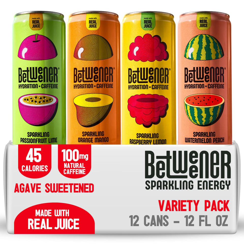 Betweener Sparkling Energy Seltzer can closeup highlights crisp flavor and caffeine boost.