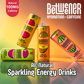 Betweener Sparkling Energy Seltzer pouring into a glass showcases real juice flavor.