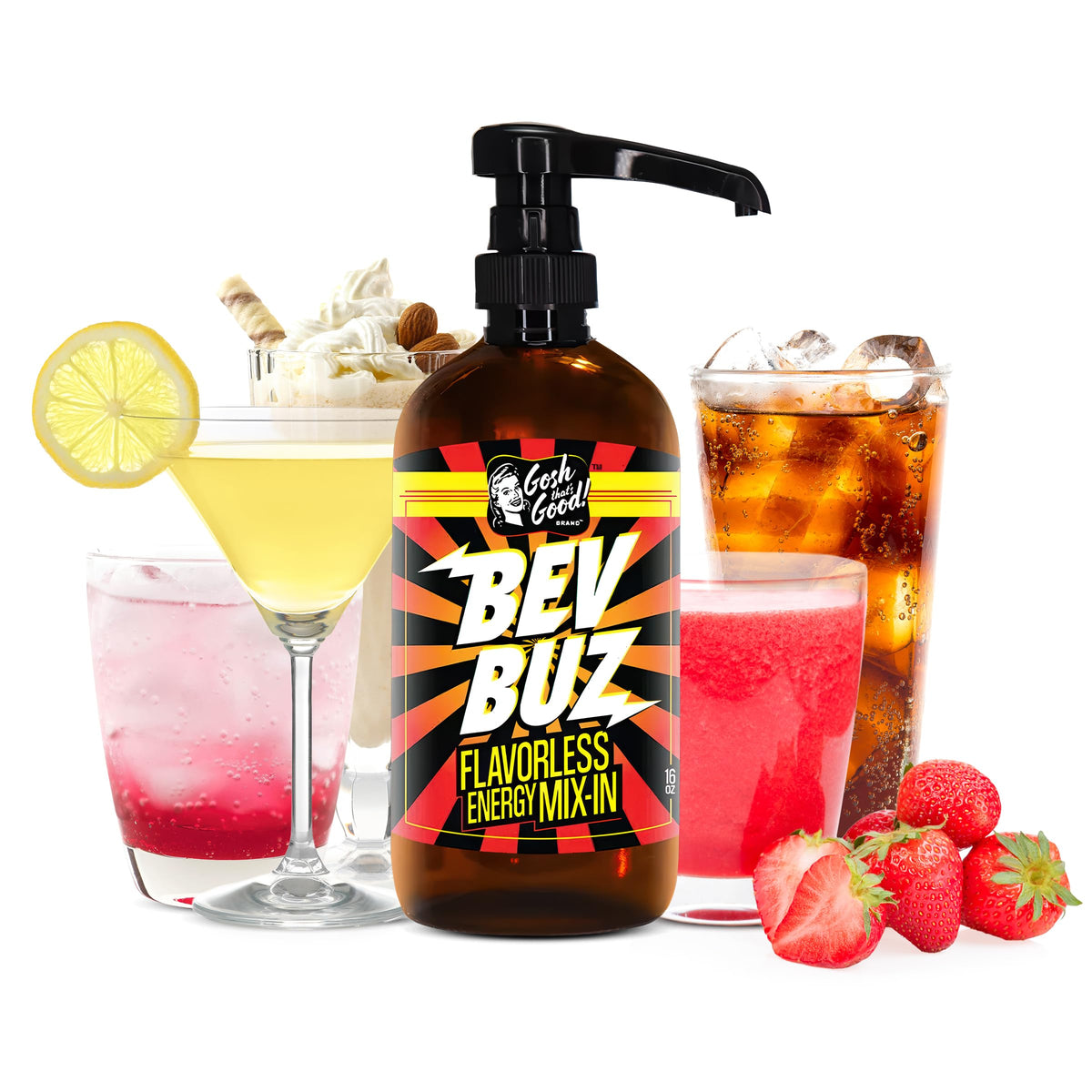 Gosh That's Good BEV BUZ bottle front shows flavorless energy boost for drinks