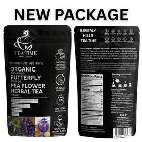 Beverly Hills Tea Time butterfly pea tea blue infusion in a cup highlights vibrant color and aroma.