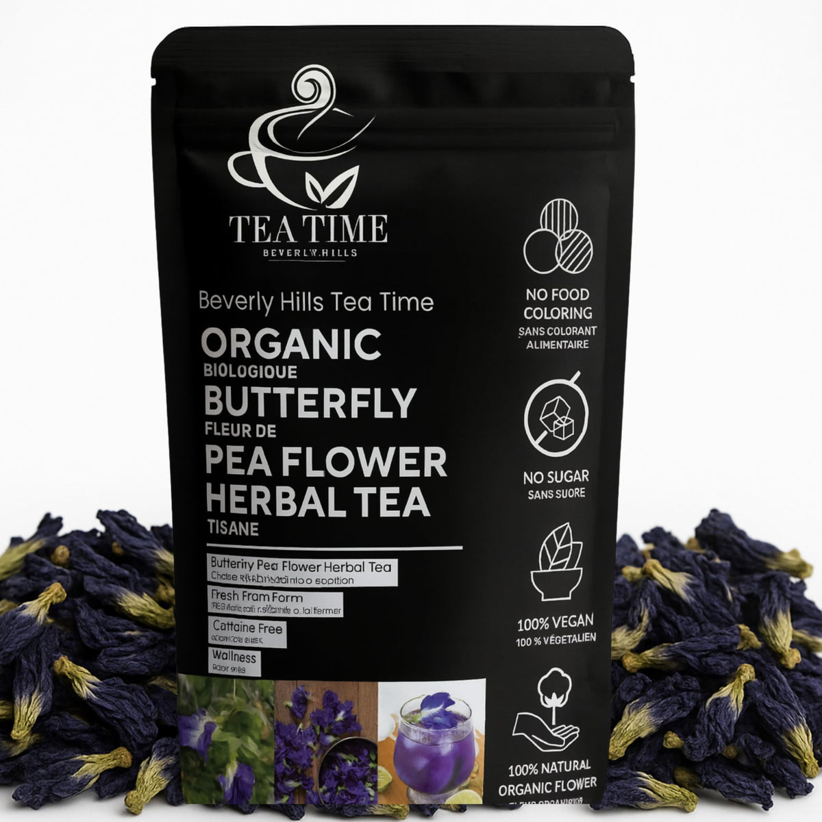 Beverly Hills Tea Time butterfly pea tea loose leaf pack shows organic quality for daily brewing.