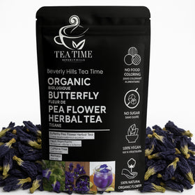 Beverly Hills Tea Time butterfly pea tea loose leaf pack shows organic quality for daily brewing.