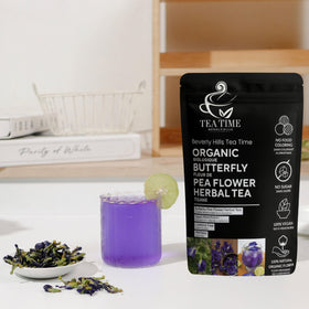 Beverly Hills Tea Time butterfly pea tea packaging features Thai origin and natural purity.