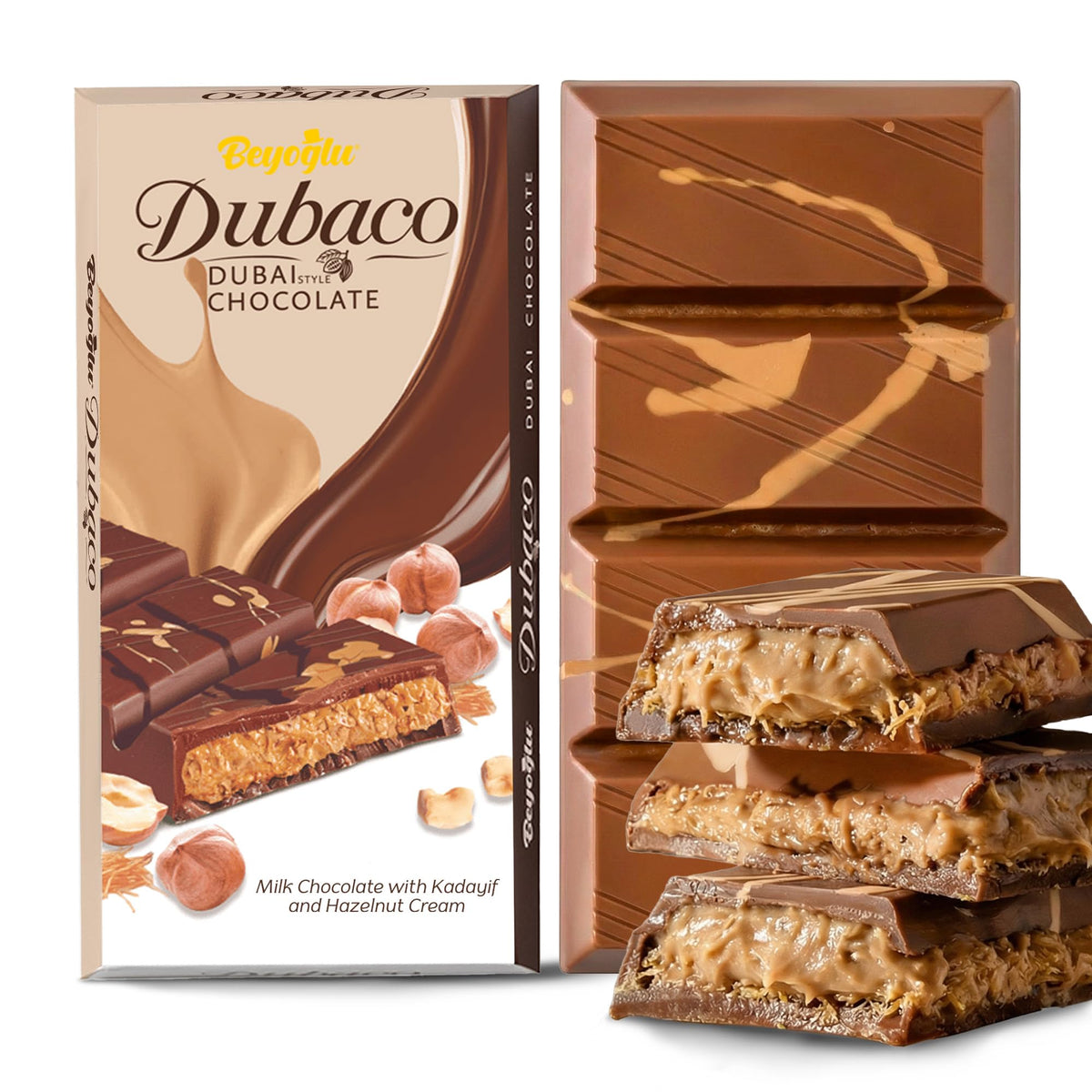 Beyoglu Dubaco Dubai Chocolate Bar with hazelnut cream for a luxurious dessert.