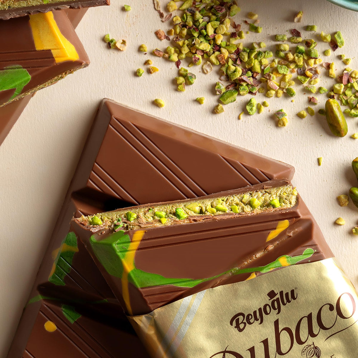 Detail shot of pistachio pieces in Beyoglu Dubaco Dubai chocolate—great for tasting