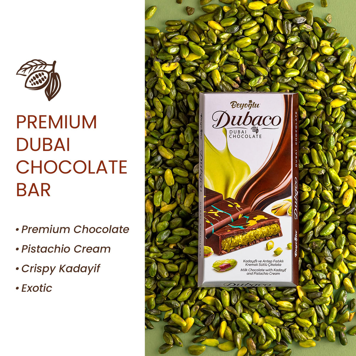 Creamy pistachio butter filling inside Beyoglu Dubaco Dubai bar—creamy indulgence