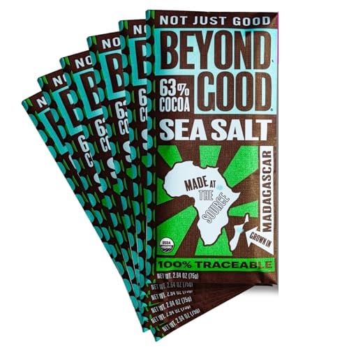 Beyond Good 63% cacao dark chocolate sea salt bar with citrus and cherry notes for snacks
