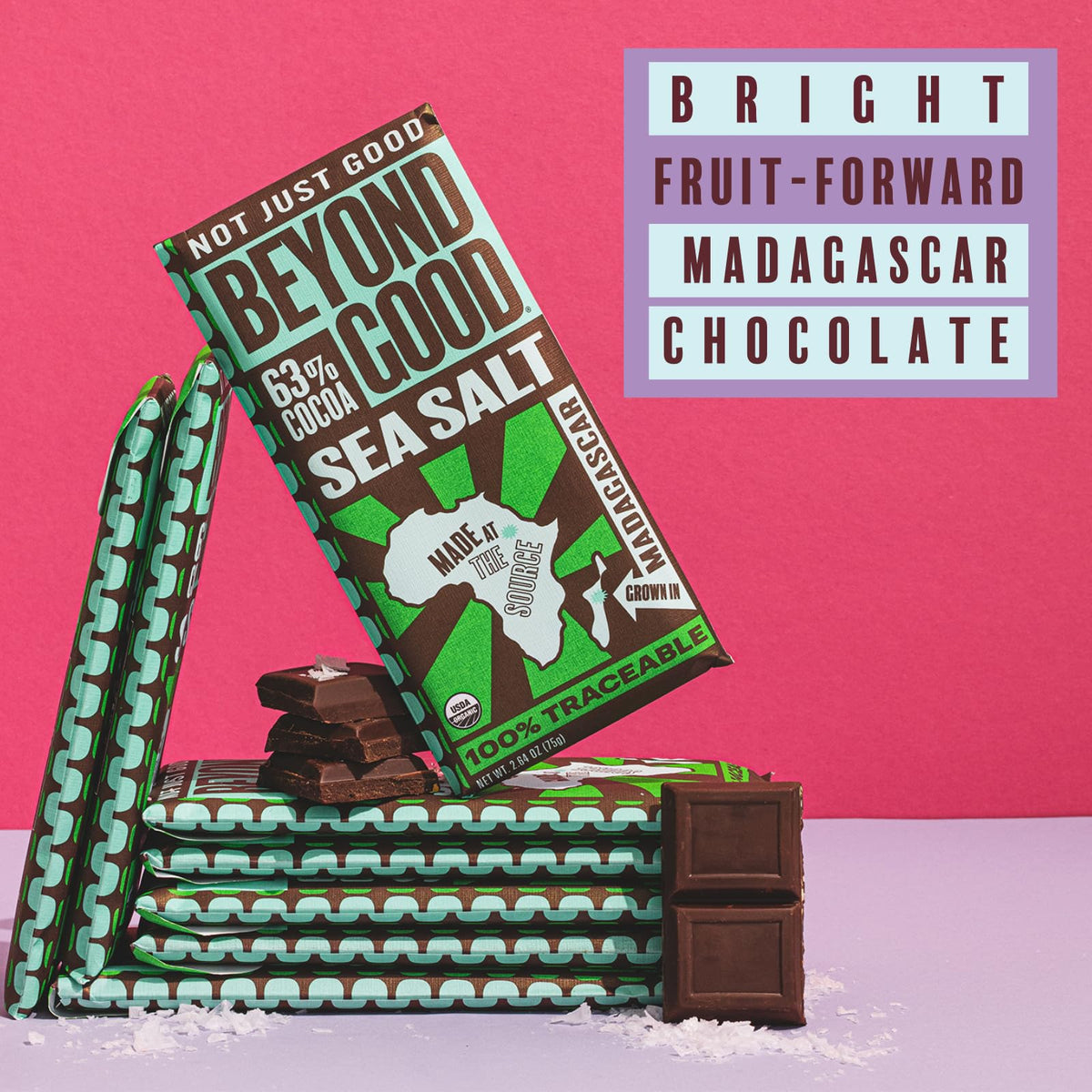 Beyond Good Madagascar single-origin chocolate bar highlighting red fruit flavors