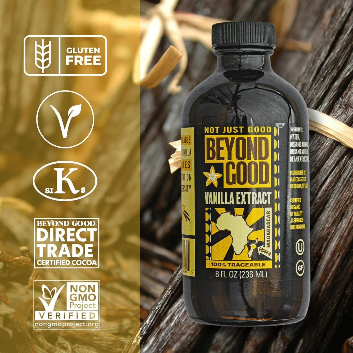 Beyond Good vanilla extract being poured for flavorful desserts and coffee.