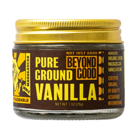 Beyond Good vanilla powder in a glass jar shows premium Madagascar flavor for baking.