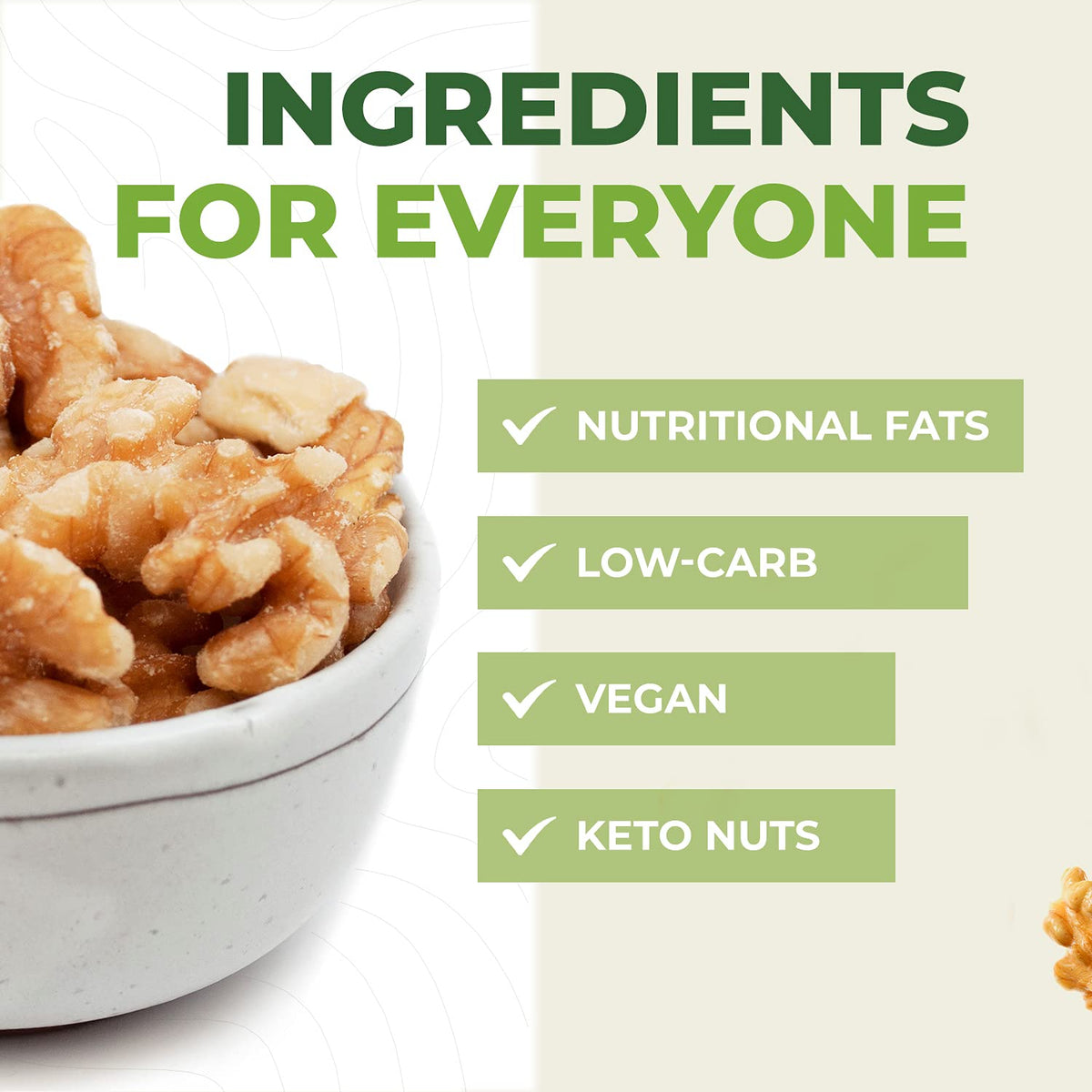 Beyond Nature cracked unsalted walnuts closeup – rich, buttery texture and natural flavor
