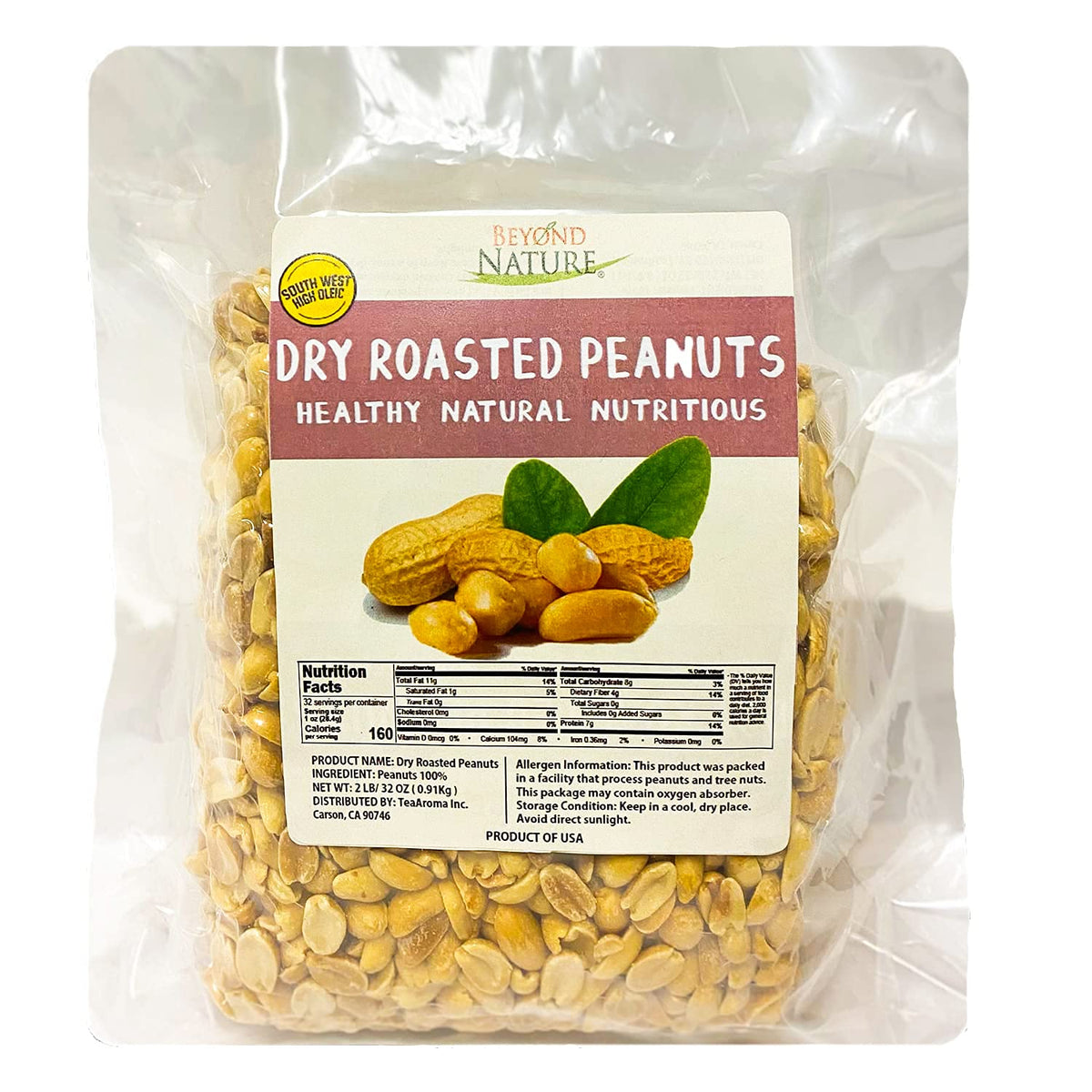 Beyond Nature dry roasted peanuts unsalted in a vacuum-sealed 2lb bag for freshness