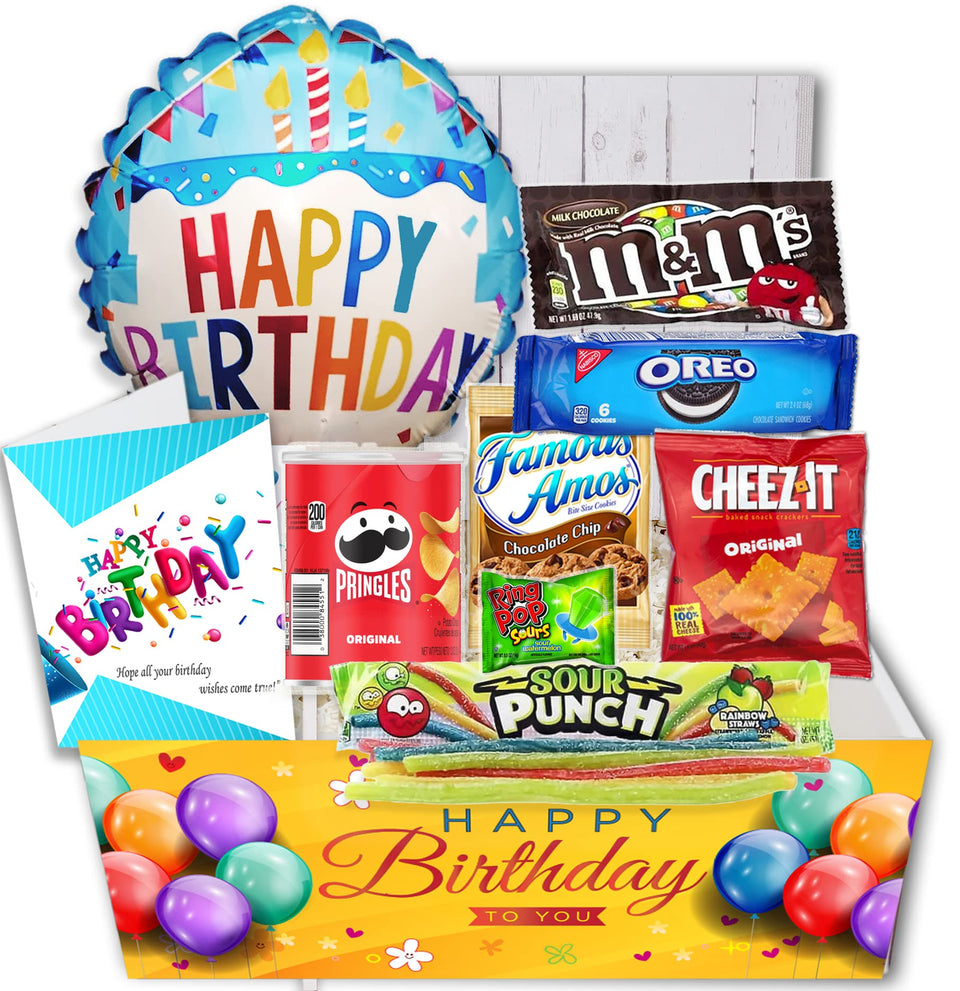 Beyond The Box birthday gift basket with balloon and snacks for a festive surprise