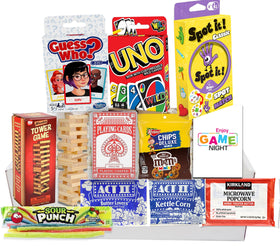 Beyond The Box snacks in a game night basket with microwave popcorn for movie nights.