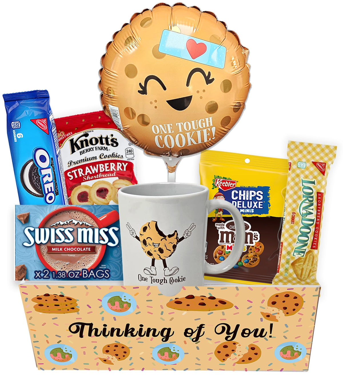 Beyond The Box get-well cookie basket with cookies and balloon, mood lift