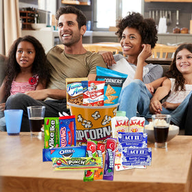 Beyond The Box movie night basket contents close-up with snacks and candies