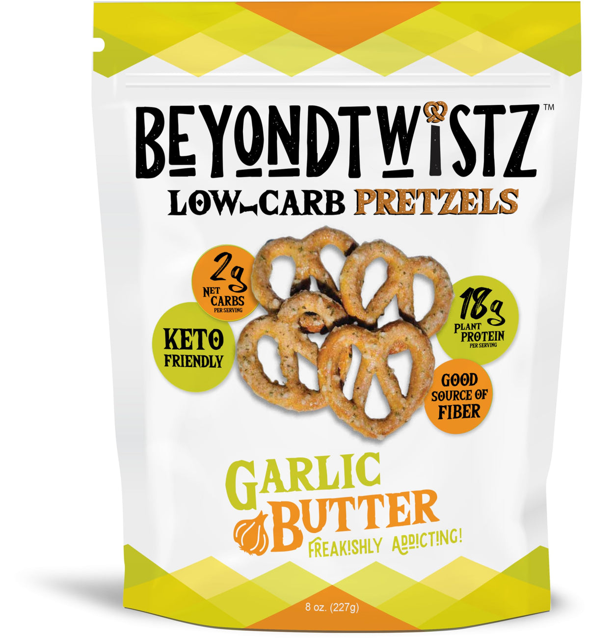 BeyondTwistz Garlic Butter pretzels in resealable bag offering keto-friendly crunch.