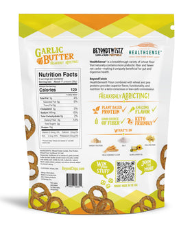 Close-up of BeyondTwistz pretzels showing crisp texture and garlic butter flavor.