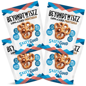 BeyondTwistz open bag display with pretzels, 2g net carbs per serving.