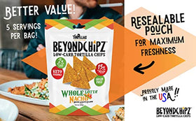 BeyondChipz salsa-dip shot illustrates dipping with thick, sturdy chips.
