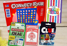 Beyond The Box GAME NIGHT basket open pack reveals games and snacks, perfect for gifting.