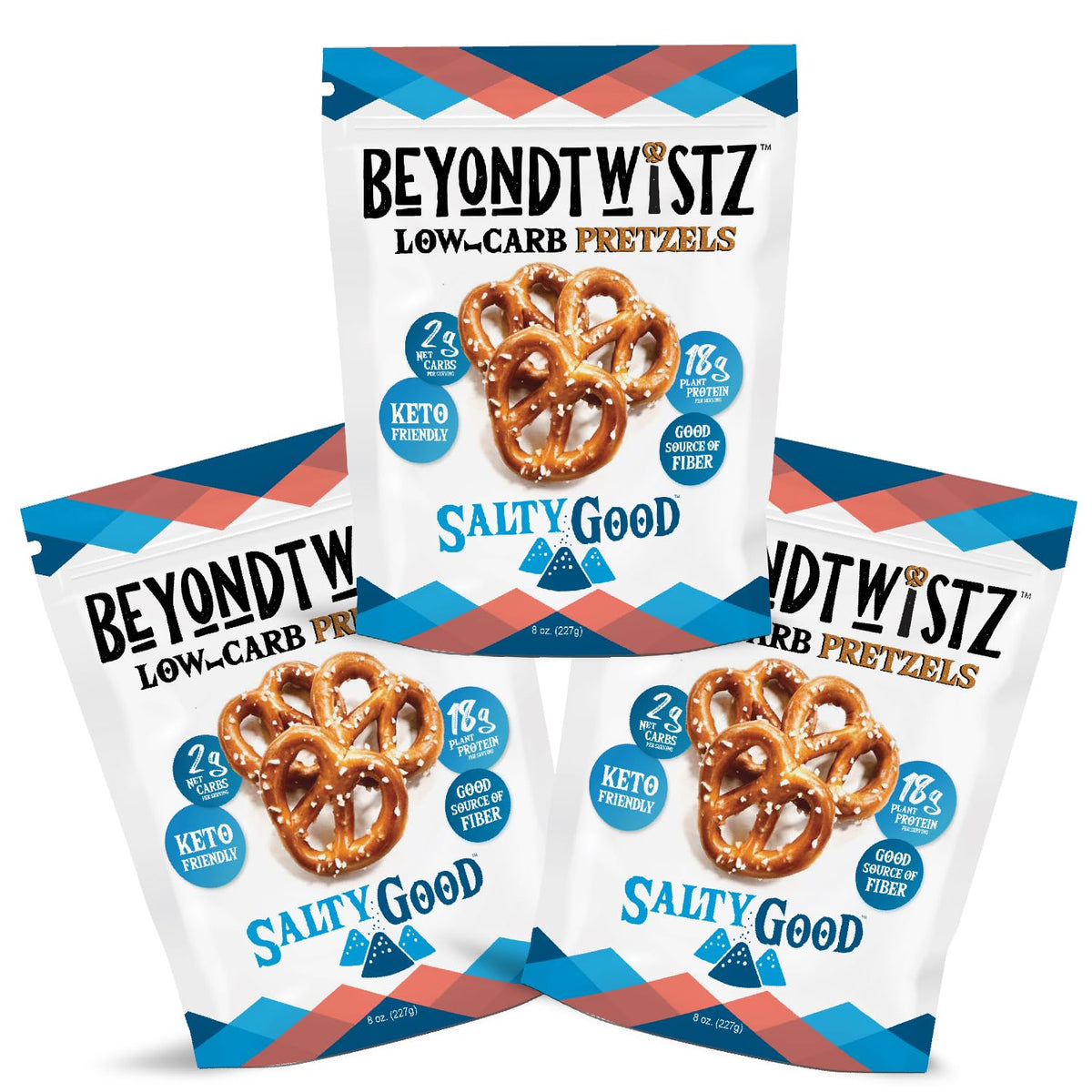 Close-up of salty crunch BeyondTwistz pretzels and protein-rich texture.