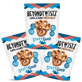 Close-up of salty crunch BeyondTwistz pretzels and protein-rich texture.