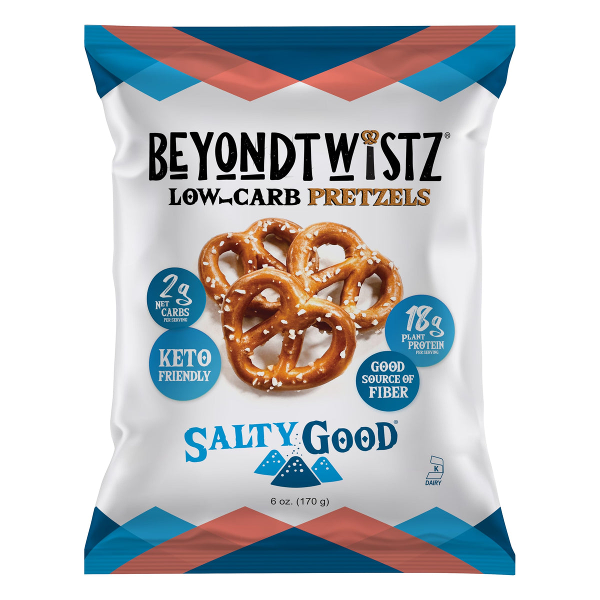 BeyondTwistz Protein Pretzels pack of 3 on countertop, highlighting low carb high protein snack