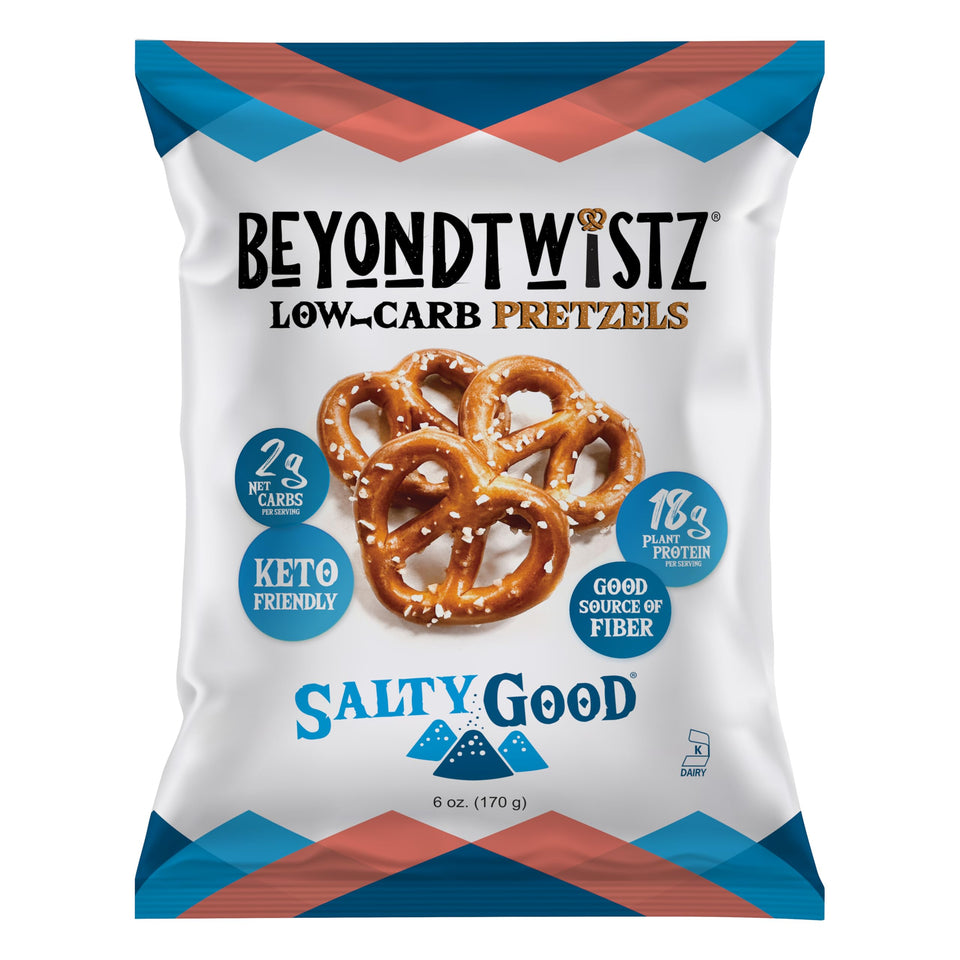 BeyondTwistz Protein Pretzels pack of 3 on countertop, highlighting low carb high protein snack