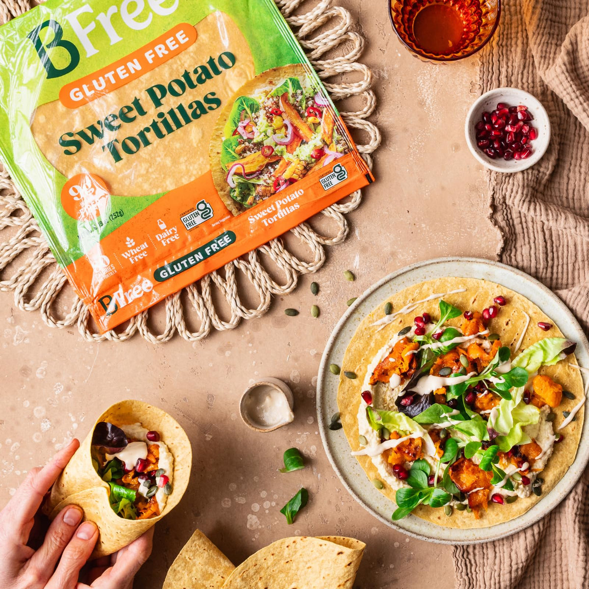 Packaging displays gluten-free and wheat-free symbol for BFree wraps.