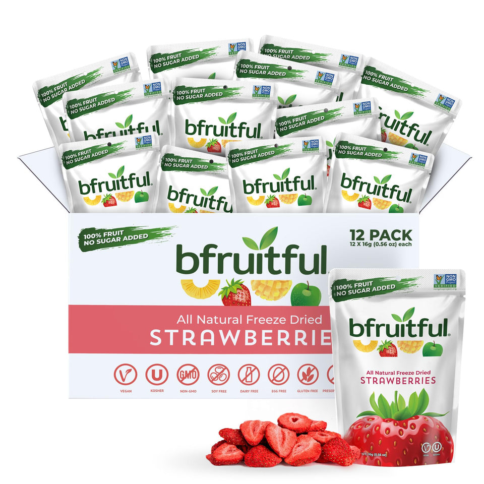 Bfruitful freeze-dried strawberries pack front with twelve single-serve pouches for easy snacking.