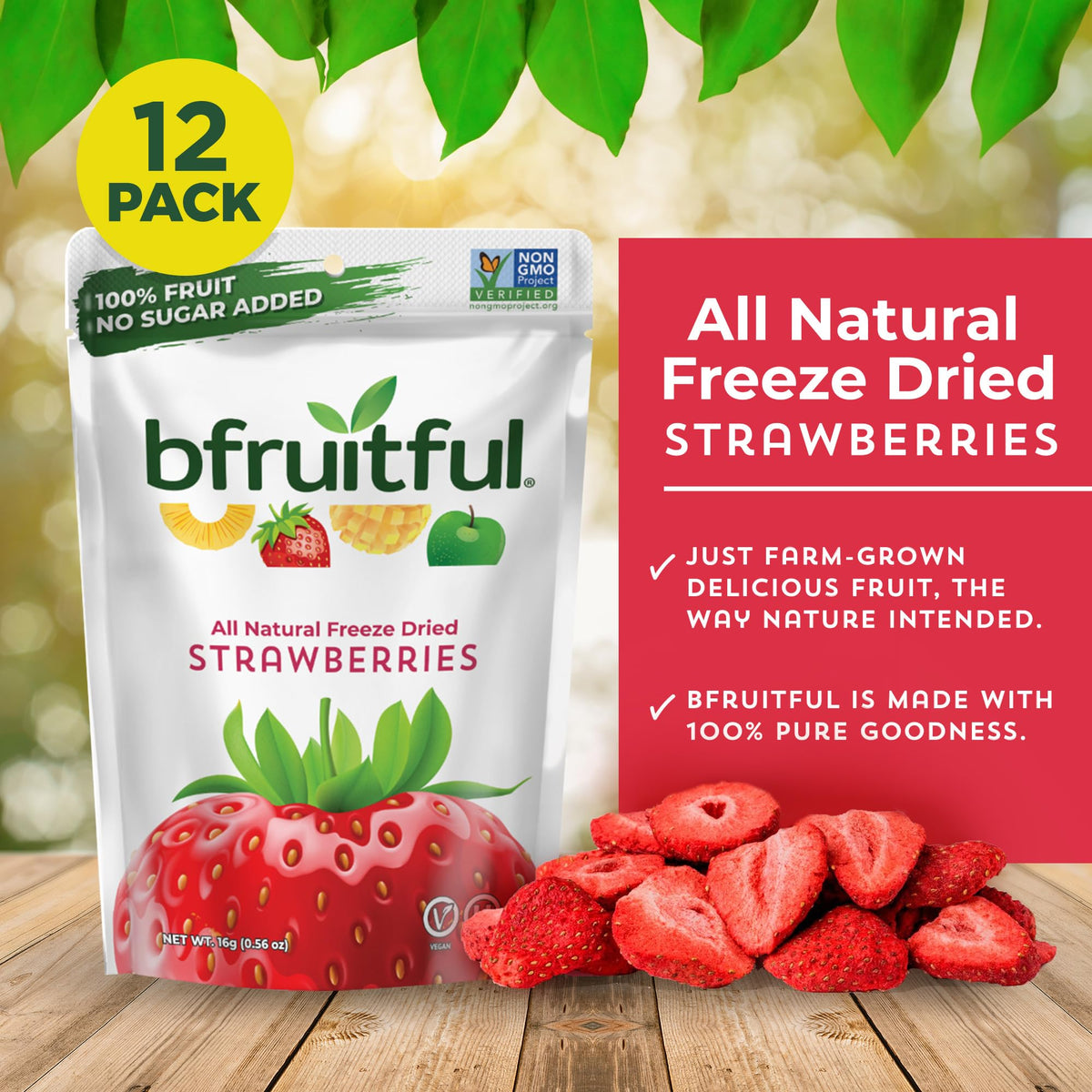 Bfruitful freeze-dried strawberries snack pouches open, showcasing vibrant color for a healthy treat.
