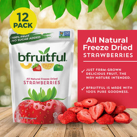 Bfruitful freeze-dried strawberries snack pouches open, showcasing vibrant color for a healthy treat.