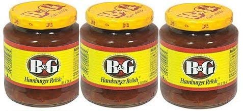 BG Red Hamburger Relish 10oz bottle with 3-pack for burgers, enhances flavor