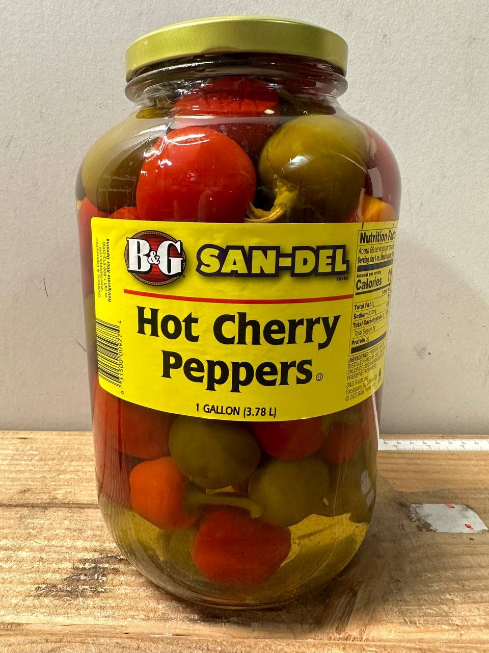 B&G San-Del hot whole cherry peppers in a 1-gallon jar show bold flavor