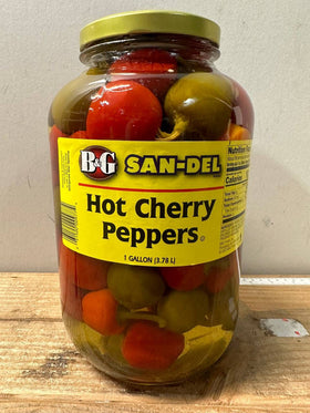 B&G San-Del hot whole cherry peppers in a 1-gallon jar show bold flavor