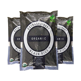 Bgreen Organic Black Rice three-pack display, versatile gluten-free meals