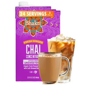 Bhakti Chai Concentrate bottle with fresh ginger and spices, ideal for hot lattes.