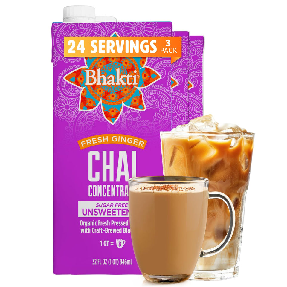 Bhakti Chai Concentrate bottle with fresh ginger and spices, ideal for hot lattes.