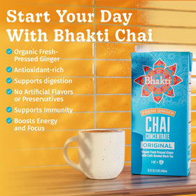 Organic ginger slices emphasize fresh, warming aroma in Bhakti Chai concentrate.