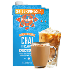 Bhakti Chai concentrate original ginger tea bottle ready to mix cafe-style lattes.