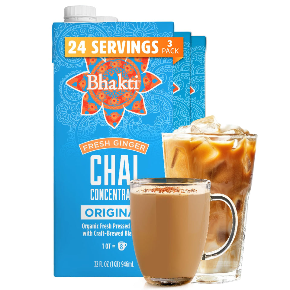 Bhakti Chai concentrate original ginger tea bottle ready to mix cafe-style lattes.