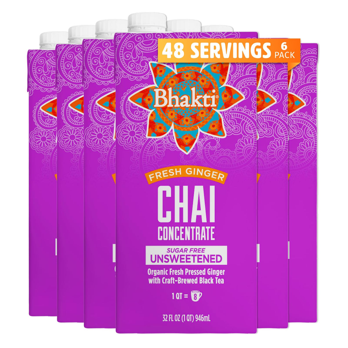 Bhakti Chai Tea Concentrate 32oz bottle pouring for latte-ready beverages